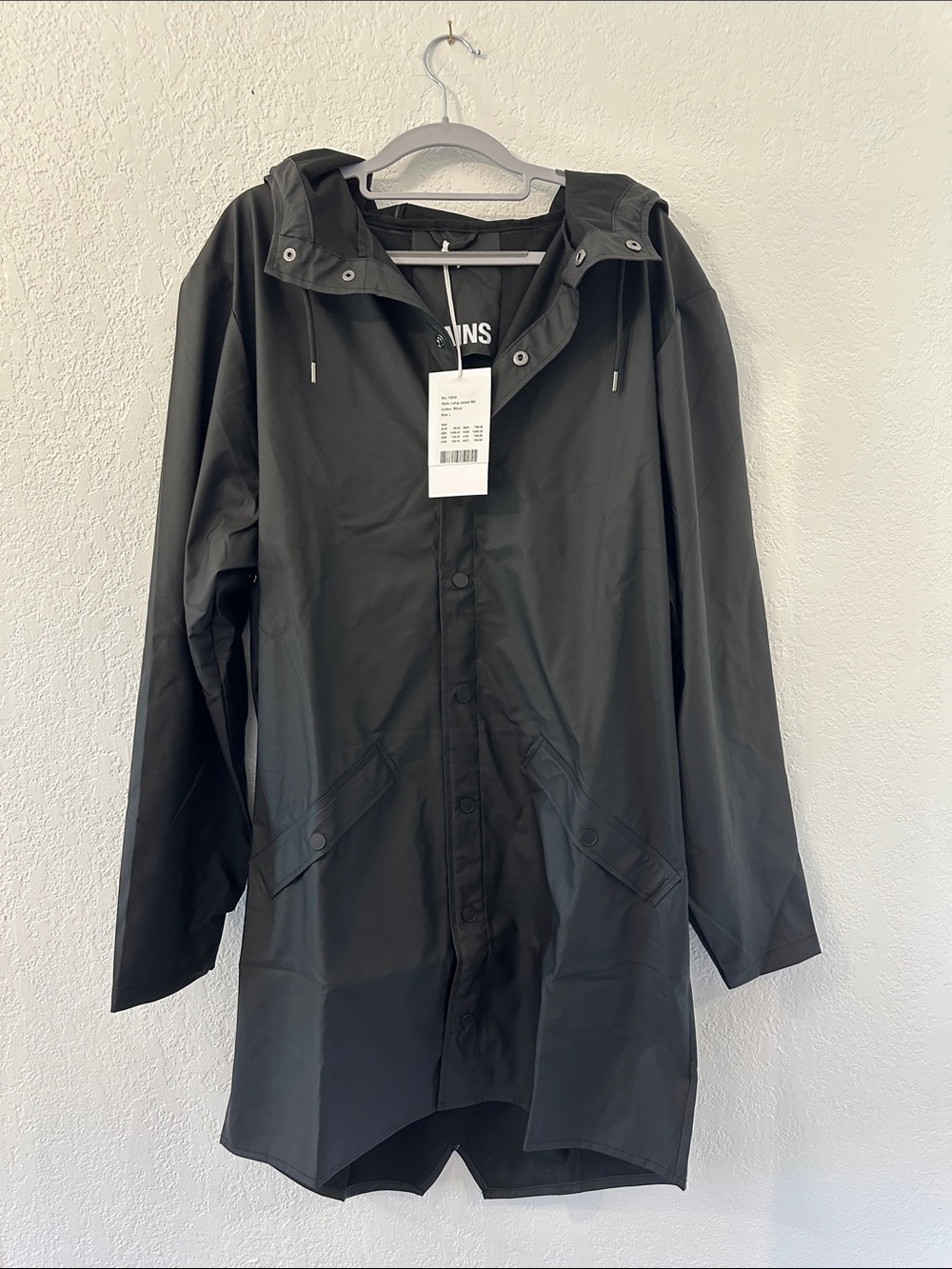 NWT Rains Size Large Unisex Black Hooded Raincoat Jacket
